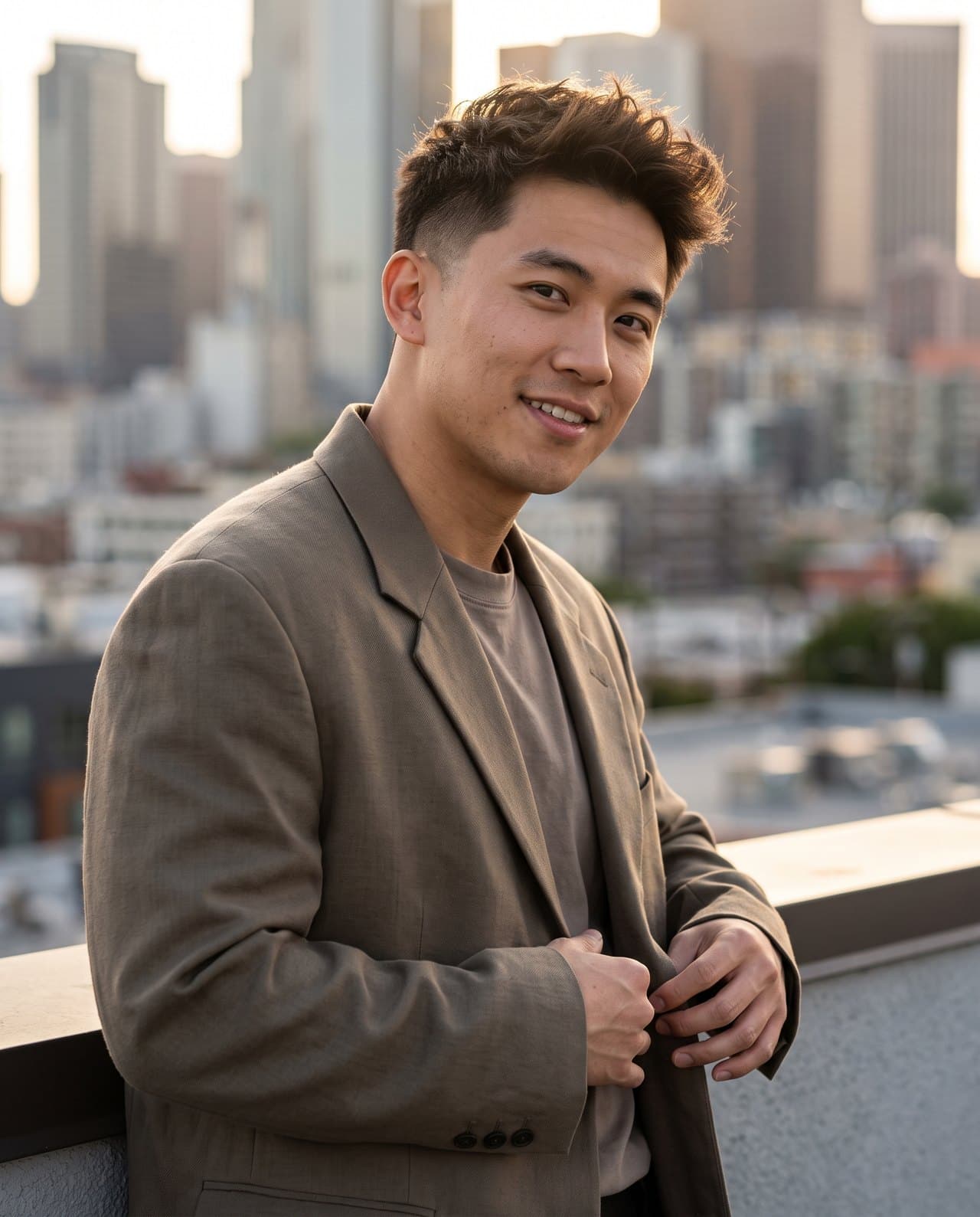 The same man photographed by Maktek on a city rooftop